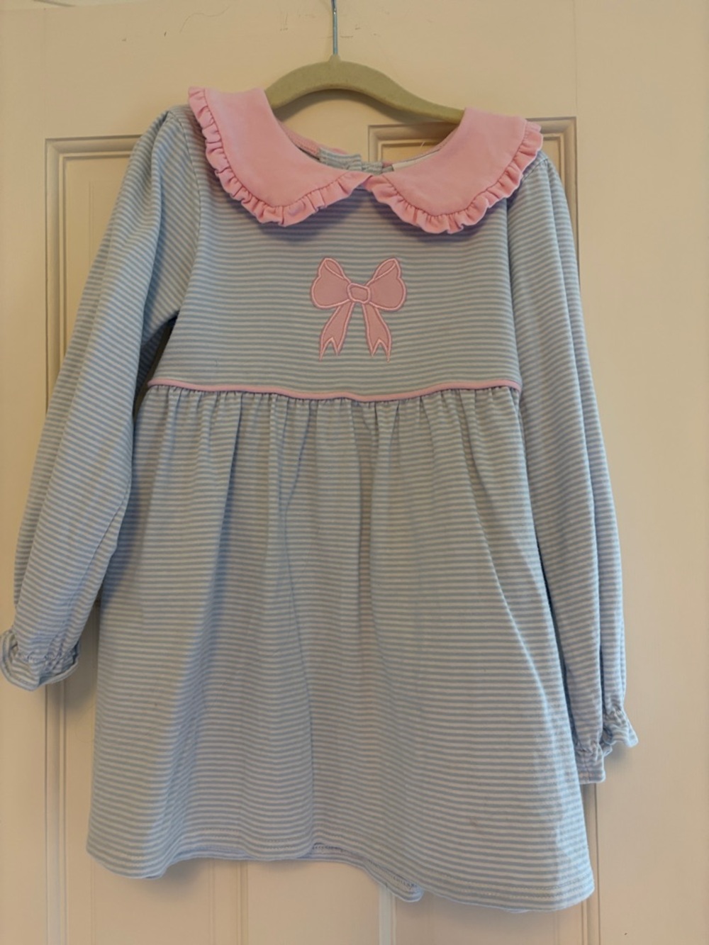 Girls Light Blue Striped Tunic Top with Pink Collar and Bow Appliqué